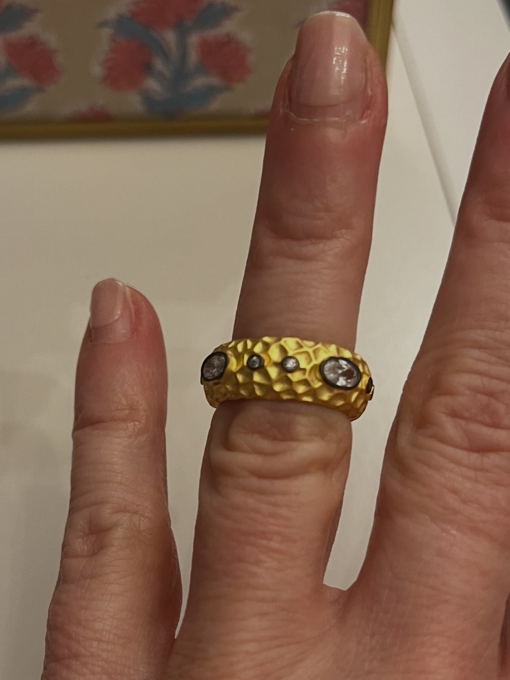 Freida Rothman ring size 5 Sterling with Hammered Gold Plating CZ bezel stones